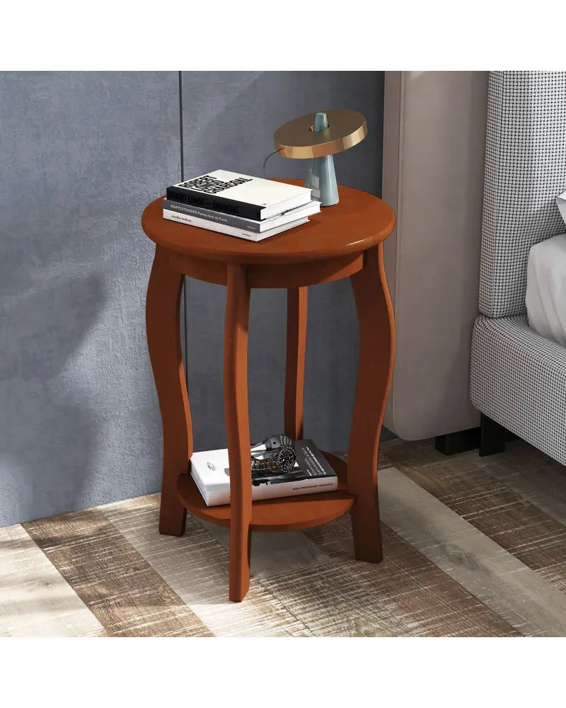 15 Inch 2-Tier Round End Table with Storage Shelf-Walnut - Walnut - End & Side Tables