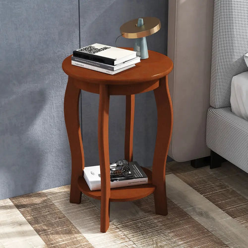 15 Inch 2-Tier Round End Table with Storage Shelf-Walnut - Walnut - End & Side Tables