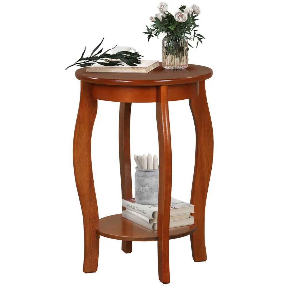 15 Inch 2-Tier Round End Table with Storage Shelf-Walnut - Walnut - End & Side Tables