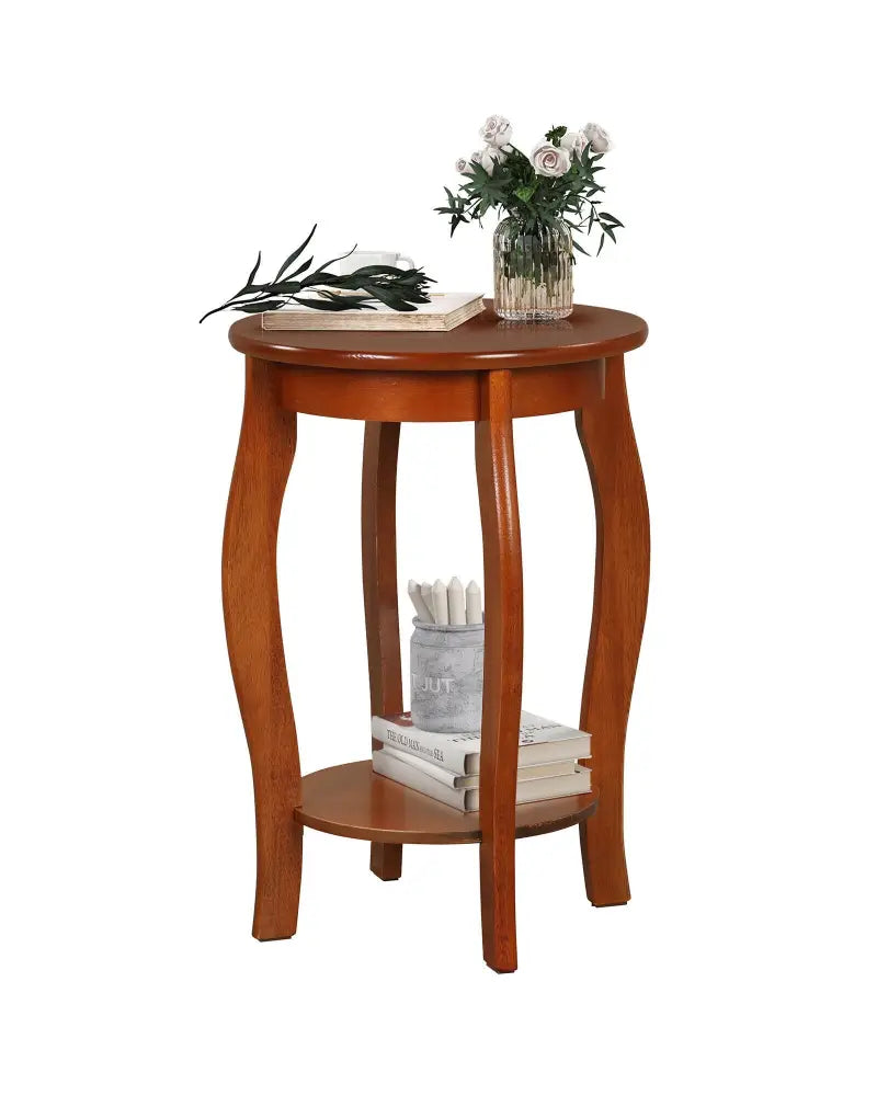 15 Inch 2-Tier Round End Table with Storage Shelf-Walnut - Walnut - End & Side Tables