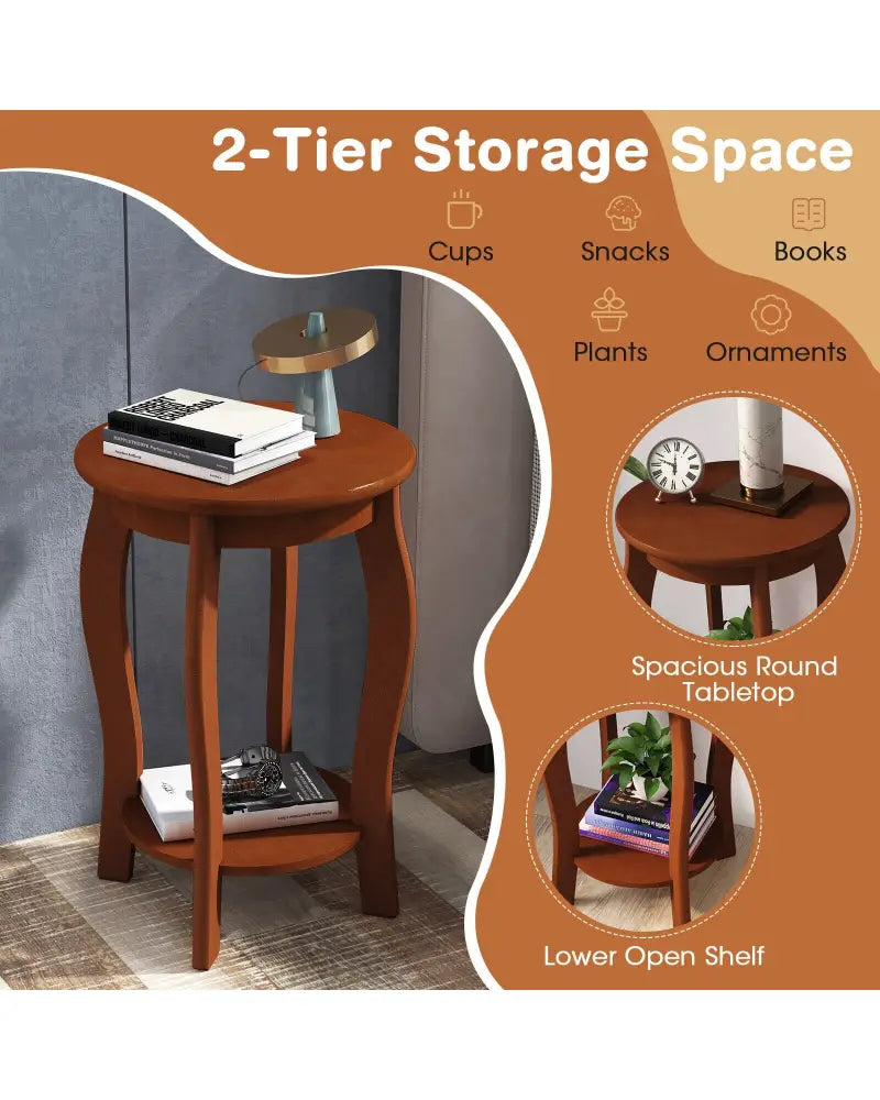 15 Inch 2-Tier Round End Table with Storage Shelf-Walnut - Walnut - End & Side Tables