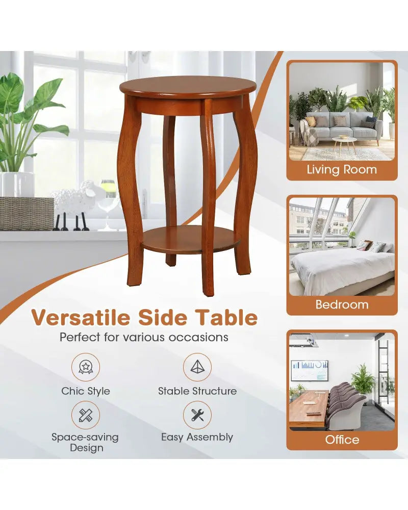 15 Inch 2-Tier Round End Table with Storage Shelf-Walnut - Walnut - End & Side Tables