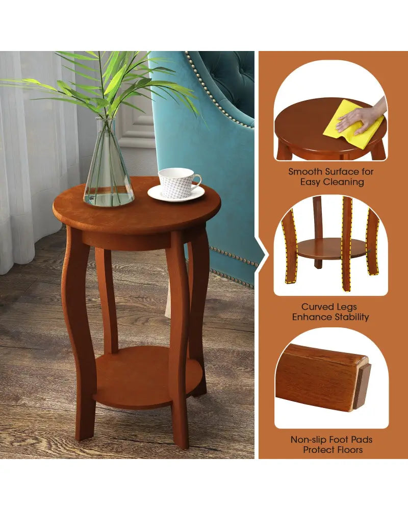 15 Inch 2-Tier Round End Table with Storage Shelf-Walnut - Walnut - End & Side Tables