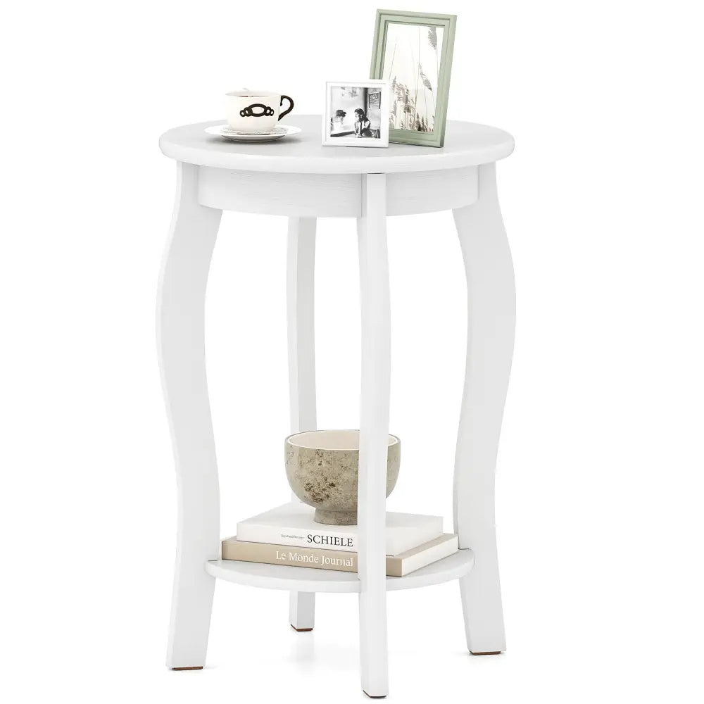 15 Inch 2-Tier Round End Table with Storage Shelf-White - White - End & Side Tables