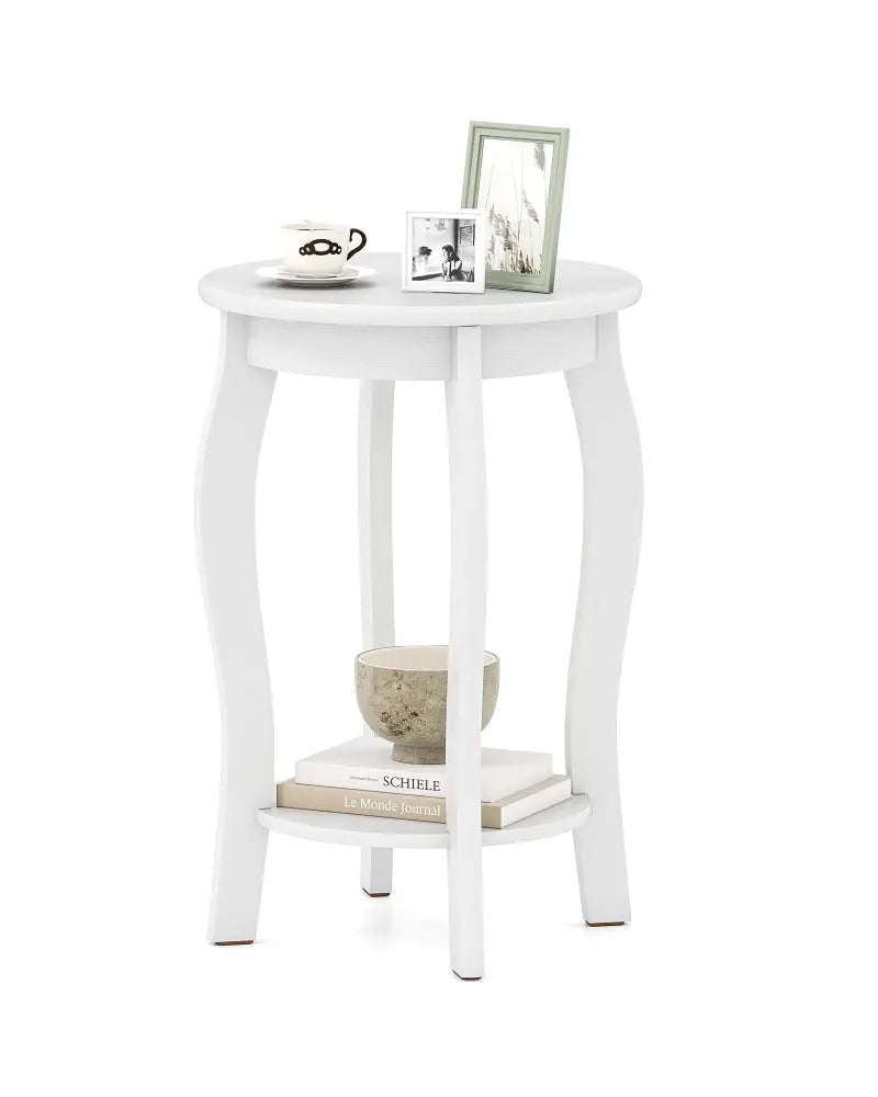 15 Inch 2-Tier Round End Table with Storage Shelf-White - White - End & Side Tables