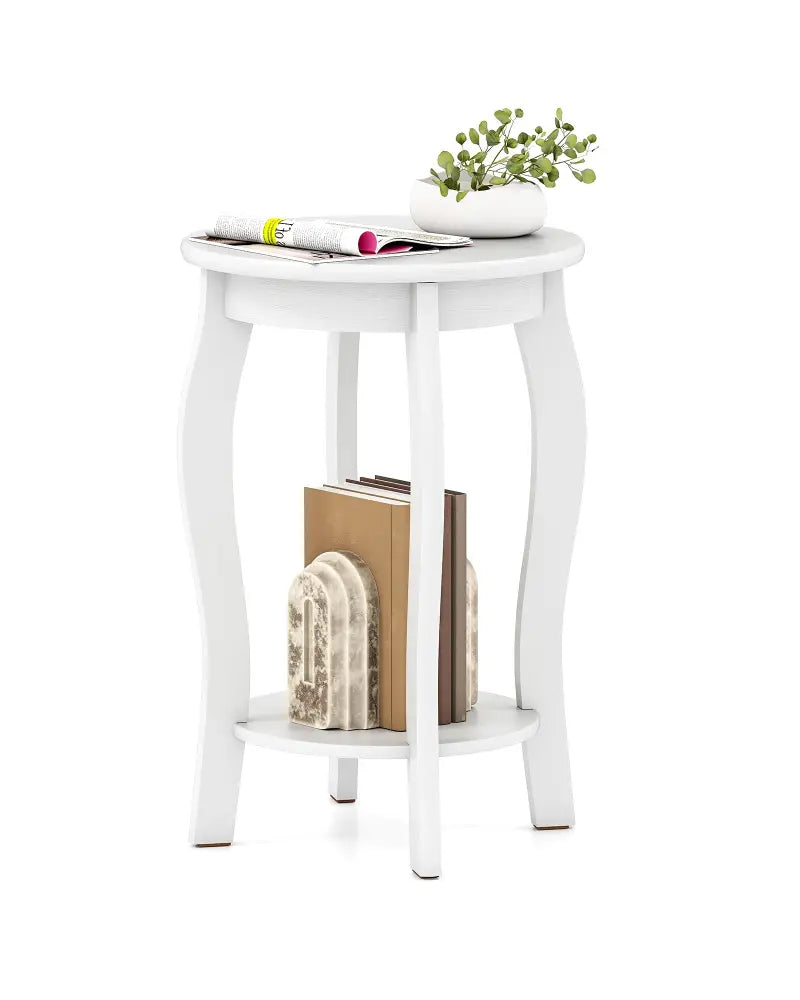 15 Inch 2-Tier Round End Table with Storage Shelf-White - White - End & Side Tables