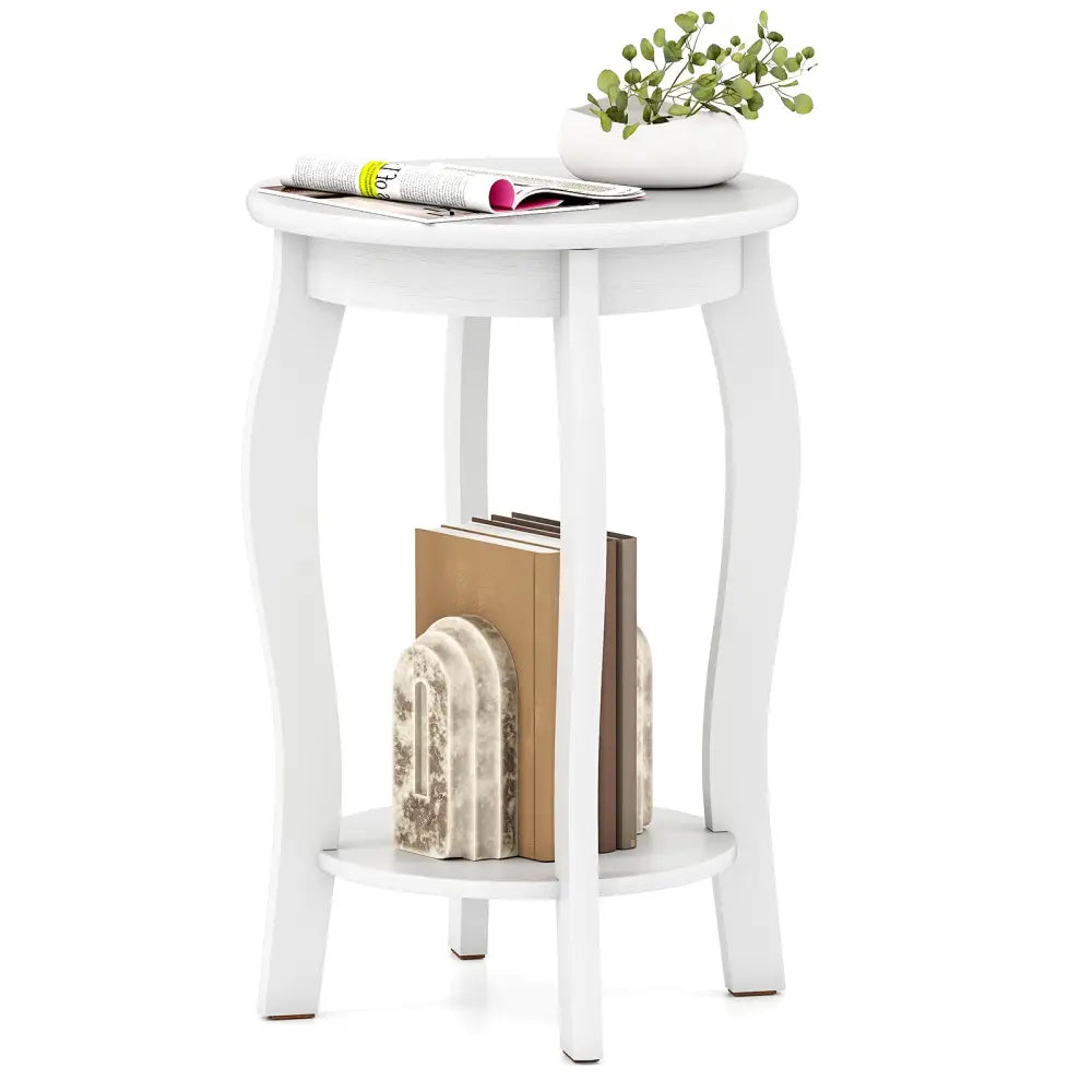 15 Inch 2-Tier Round End Table with Storage Shelf-White - White - End & Side Tables