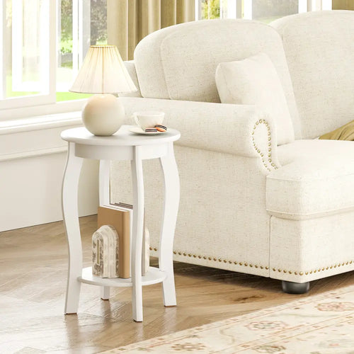 15 Inch 2-Tier Round End Table with Storage Shelf-White - White - End & Side Tables