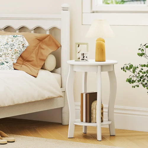 15 Inch 2-Tier Round End Table with Storage Shelf-White - White - End & Side Tables