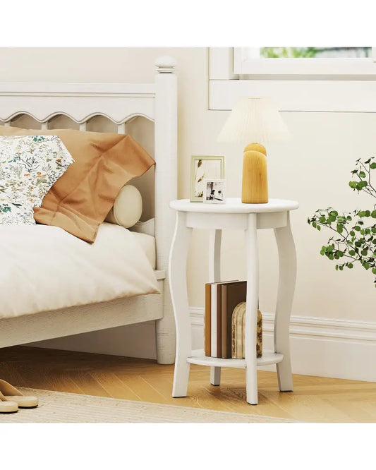 15 Inch 2-Tier Round End Table with Storage Shelf-White - White - End & Side Tables