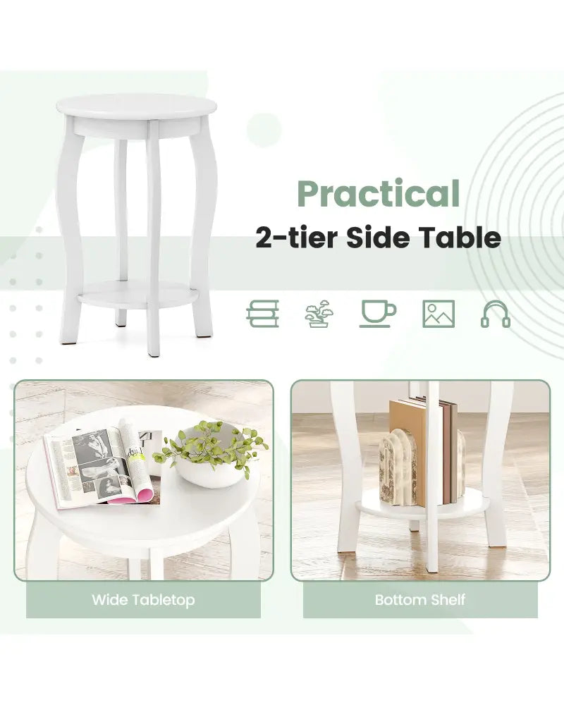15 Inch 2-Tier Round End Table with Storage Shelf-White - White - End & Side Tables