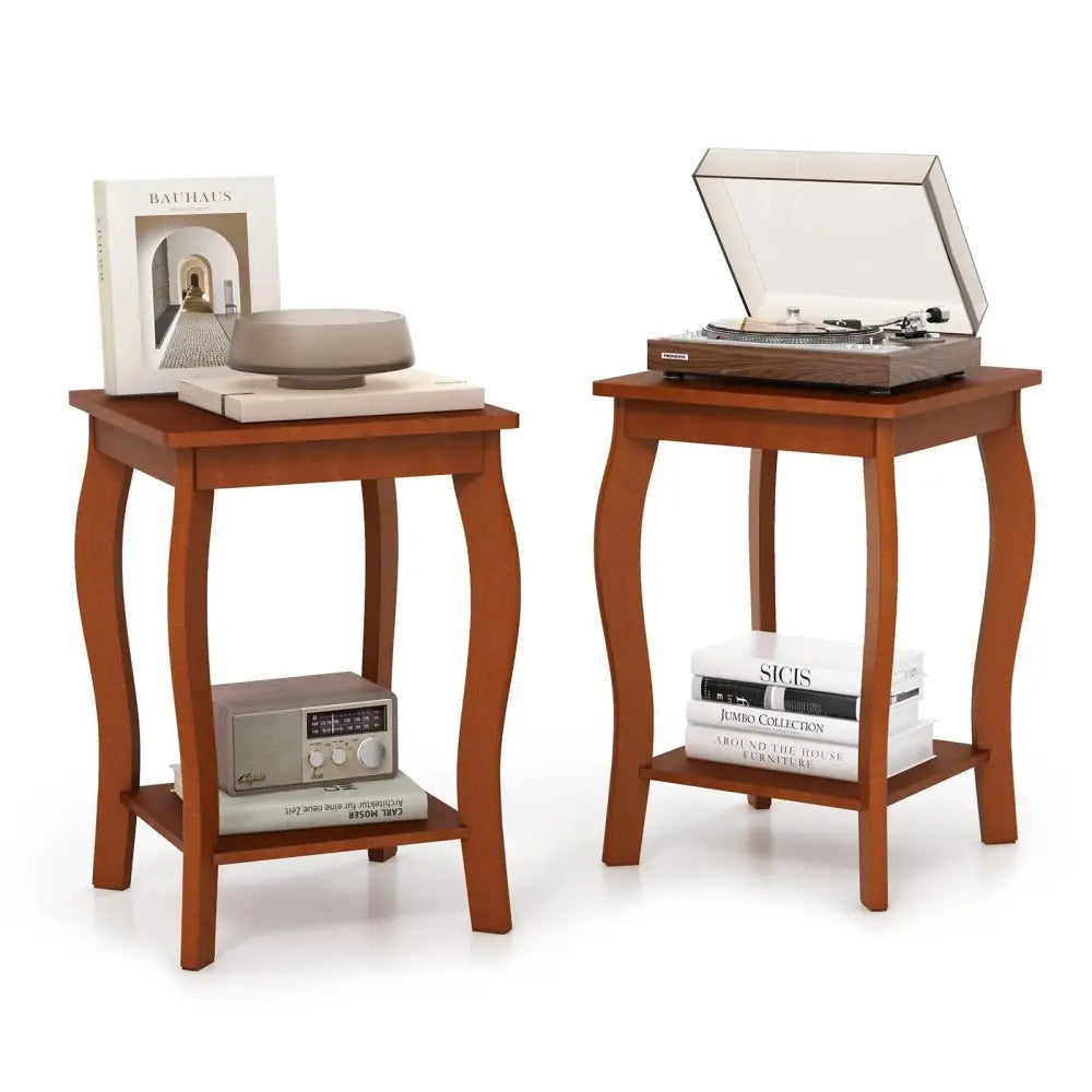 15 Inch 2-Tier Square End Table with Storage Shelf Set of 2-Walnut Costway