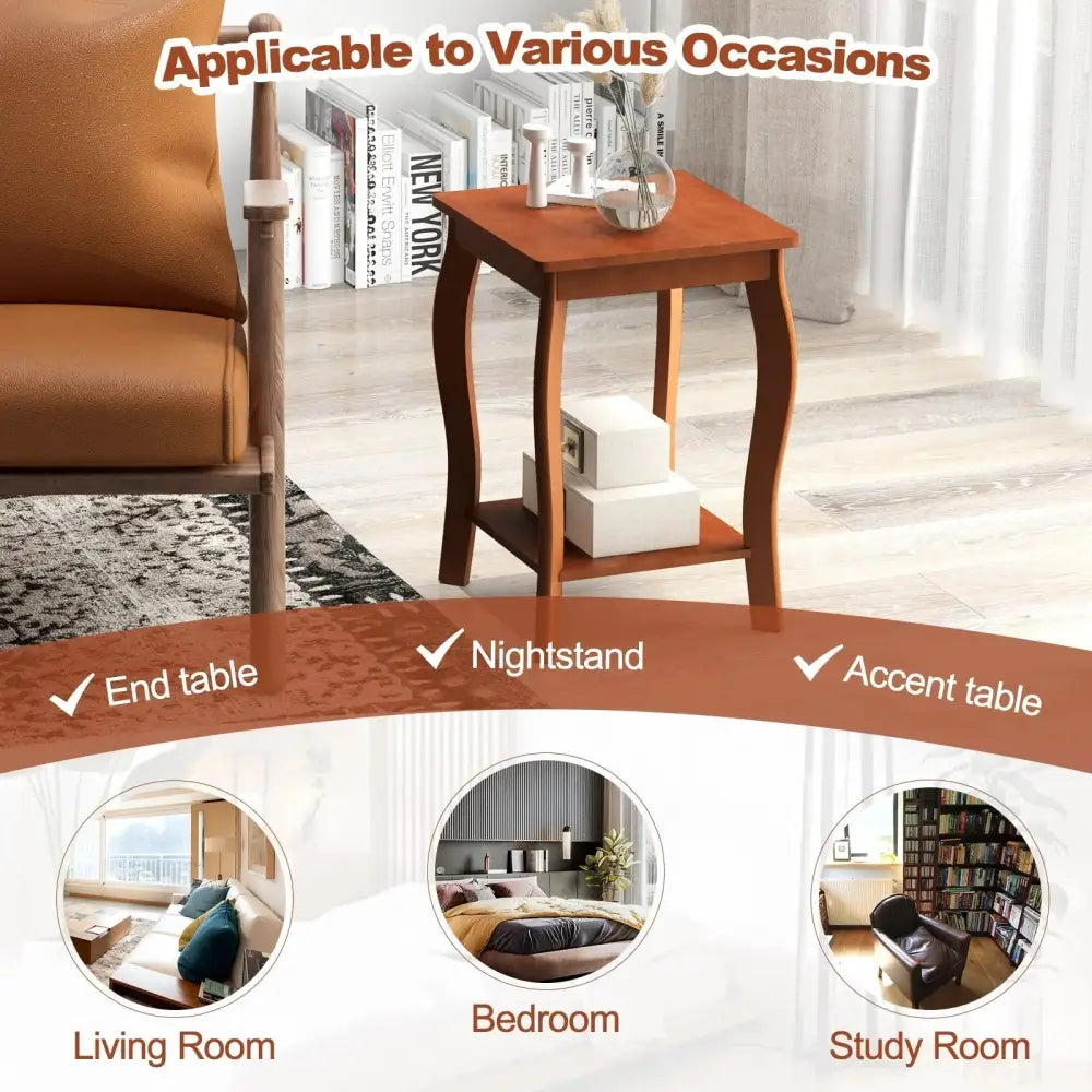 15 Inch 2-Tier Square End Table with Storage Shelf Set of 2-Walnut Costway