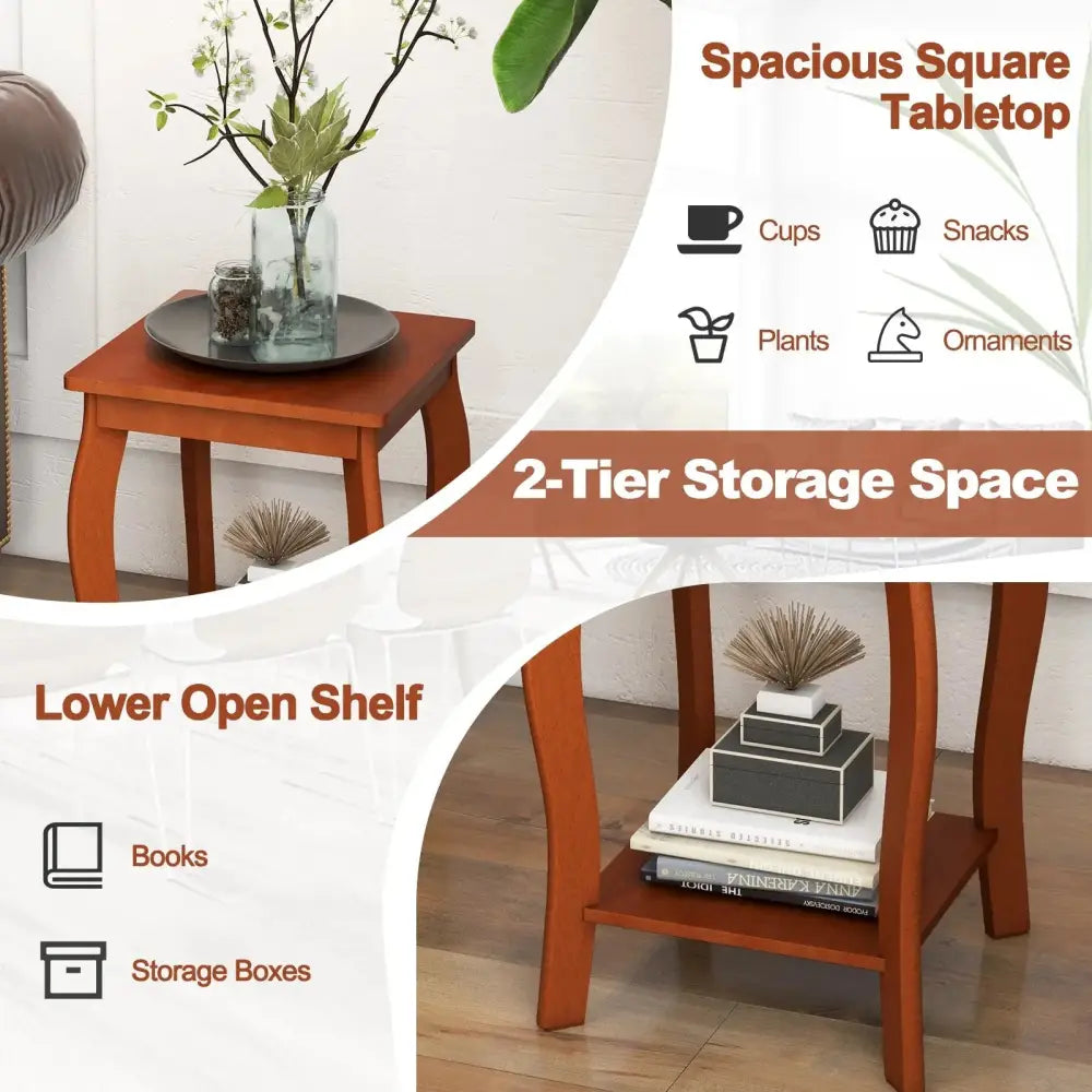 15 Inch 2-Tier Square End Table with Storage Shelf Set of 2-Walnut Costway
