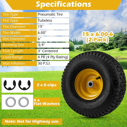 15 x 6.00-6 Tubeless Tires and Wheels 2 Pack 4 PR Tires-Yellow - Yellow - Garden Tools