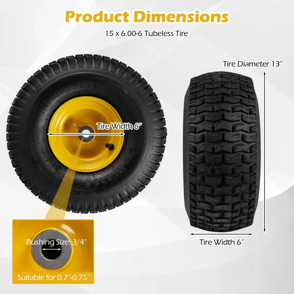 15 x 6.00-6 Tubeless Tires and Wheels 2 Pack 4 PR Tires-Yellow - Yellow - Garden Tools
