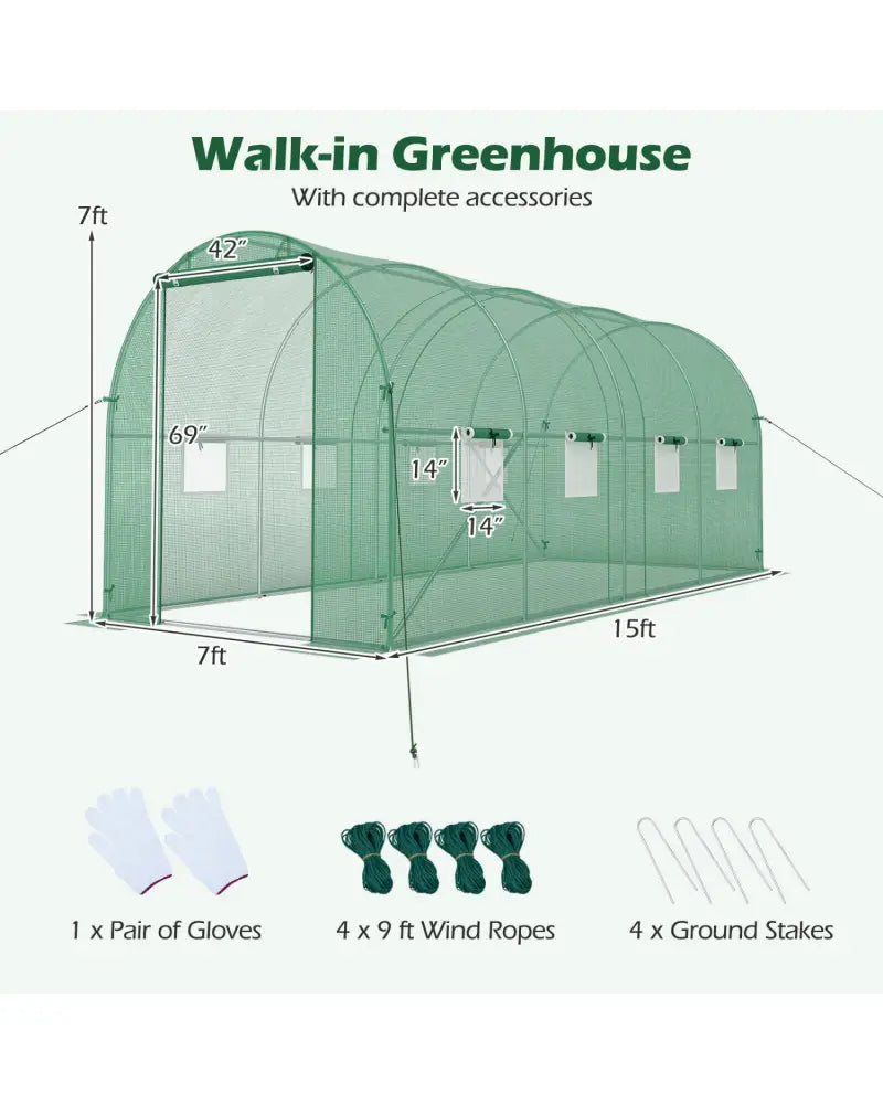 15 x 7 x 7 ft Walk-in Tunnel Greenhouse for Outdoors-Green - Green - Greenhouses