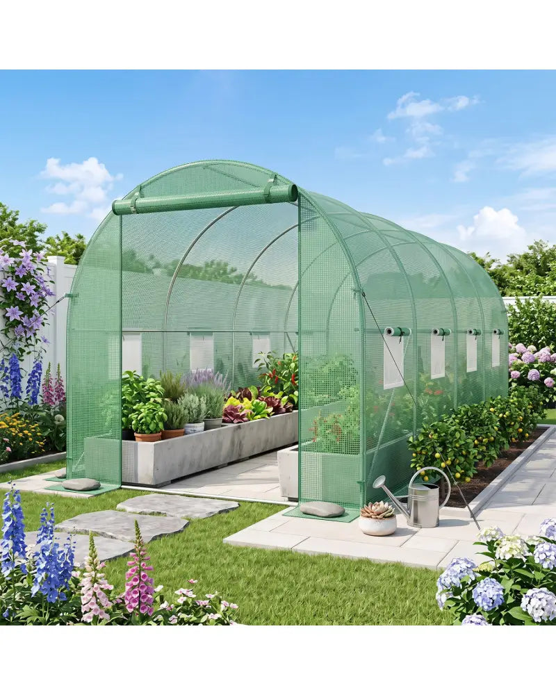 15 x 7 x 7 ft Walk-in Tunnel Greenhouse for Outdoors-Green - Green - Greenhouses