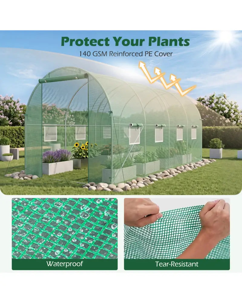 15 x 7 x 7 ft Walk-in Tunnel Greenhouse for Outdoors-Green - Green - Greenhouses