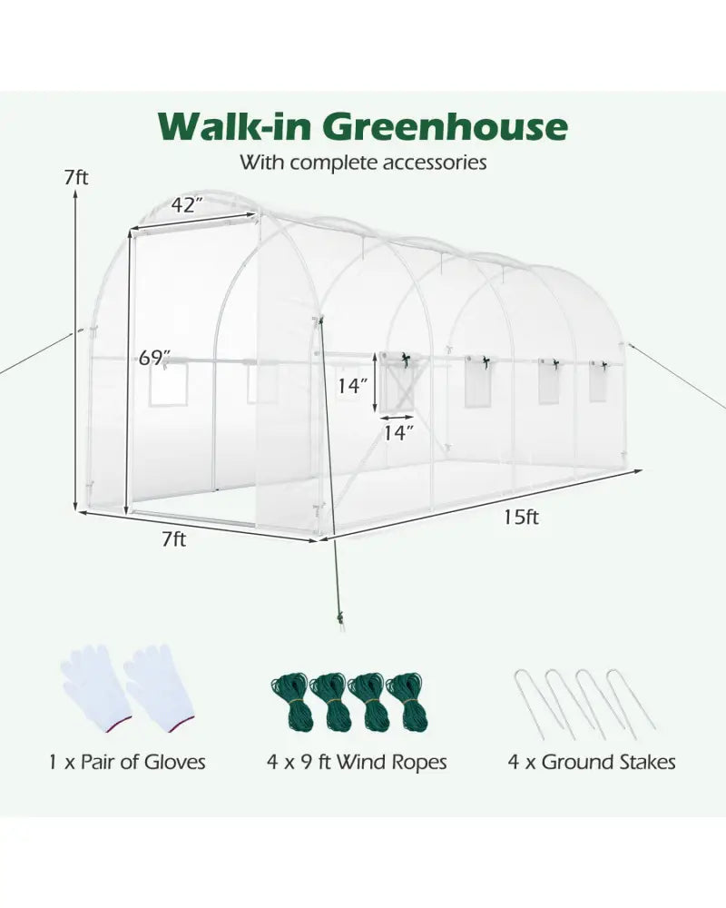 15 x 7 x 7 ft Walk-in Tunnel Greenhouse for Outdoors-White - White - Greenhouses