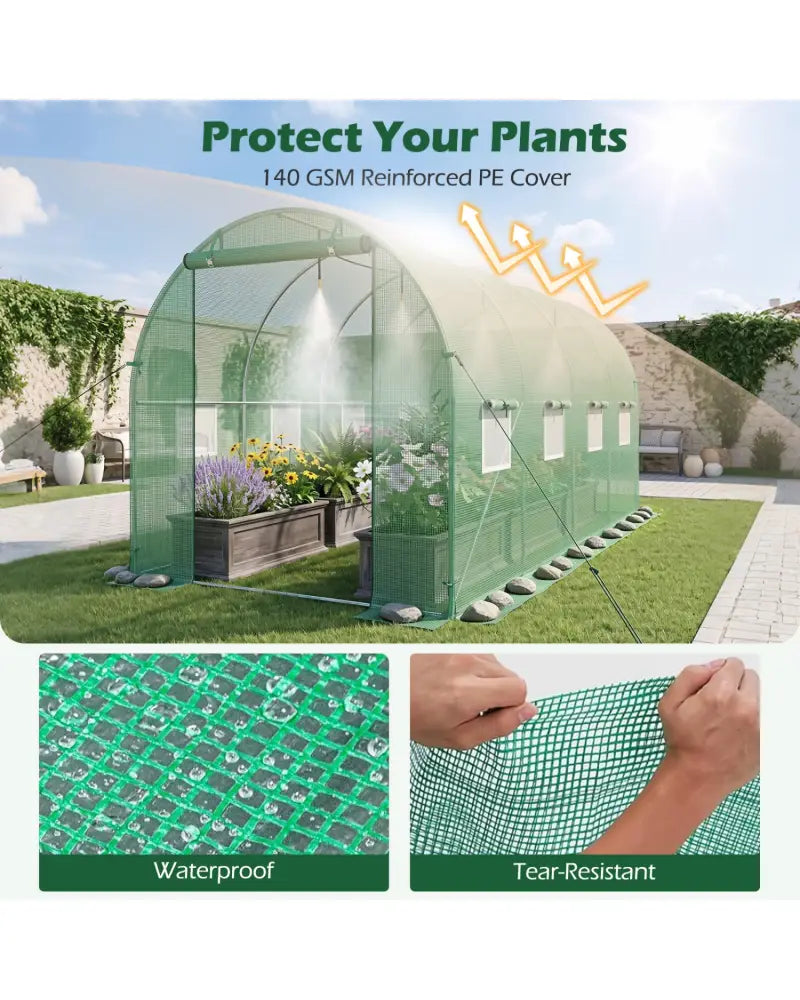 15 x 7 x 7 ft Walk-in Tunnel Greenhouse with Watering System-Green - Green - Greenhouses