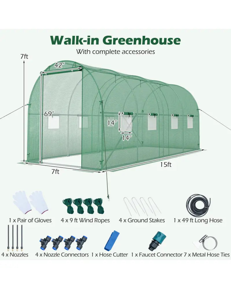 15 x 7 x 7 ft Walk-in Tunnel Greenhouse with Watering System-Green - Green - Greenhouses