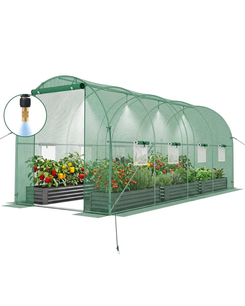 15 x 7 x 7 ft Walk-in Tunnel Greenhouse with Watering System-Green - Green - Greenhouses