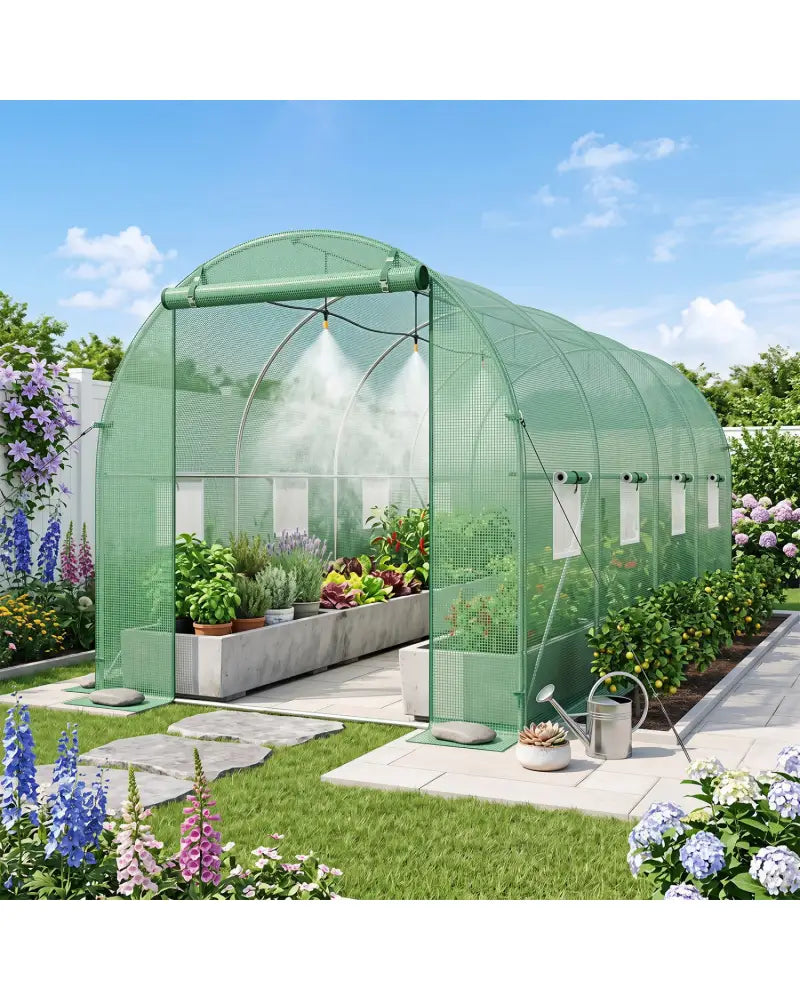 15 x 7 x 7 ft Walk-in Tunnel Greenhouse with Watering System-Green - Green - Greenhouses