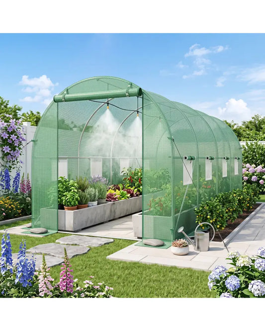 15 x 7 x 7 ft Walk-in Tunnel Greenhouse with Watering System-Green - Green - Greenhouses