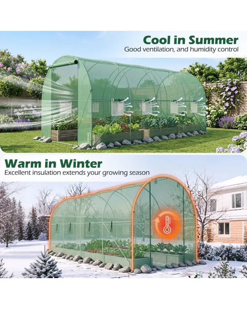 15 x 7 x 7 ft Walk-in Tunnel Greenhouse with Watering System-Green - Green - Greenhouses
