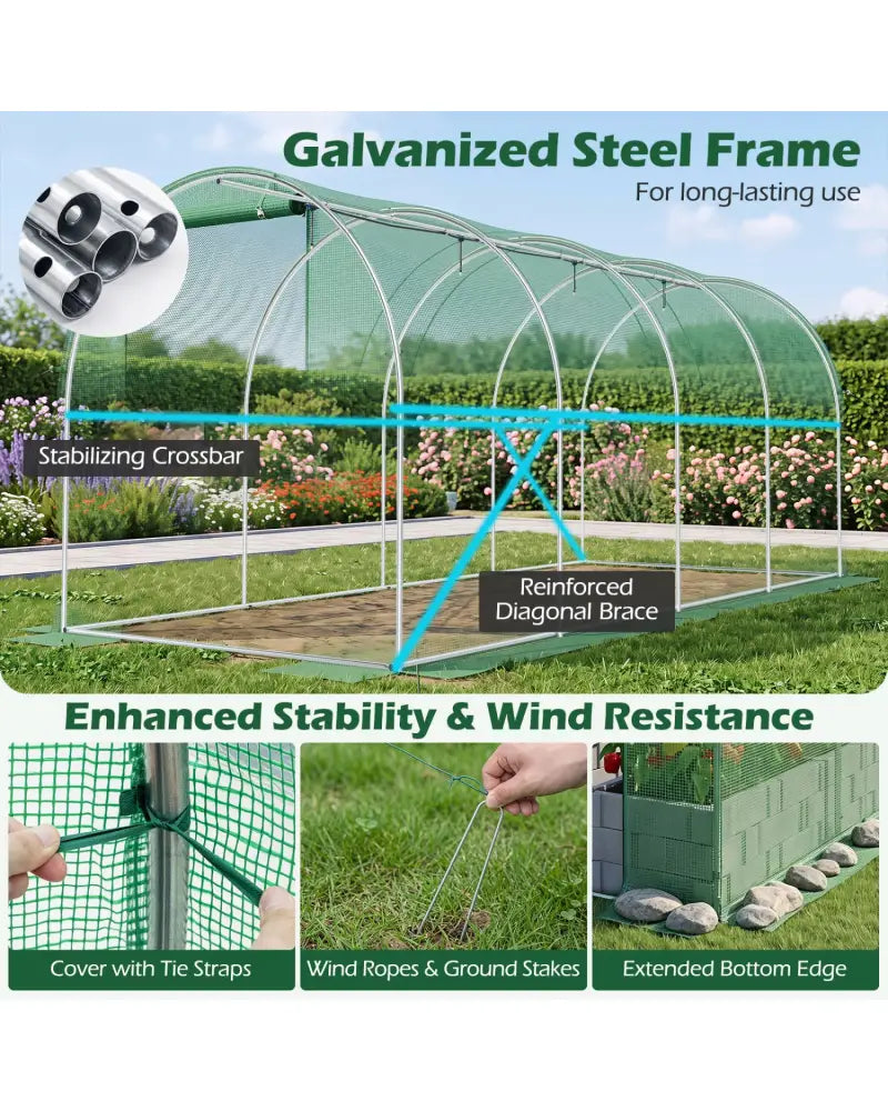 15 x 7 x 7 ft Walk-in Tunnel Greenhouse with Watering System-Green - Green - Greenhouses