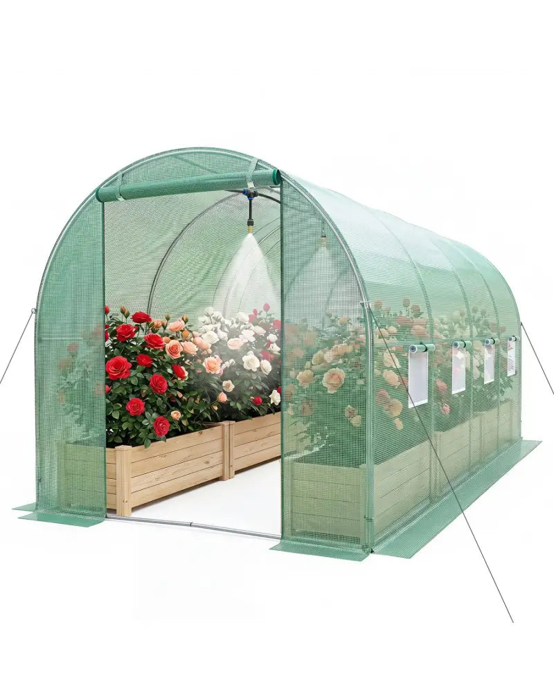 15 x 7 x 7 ft Walk-in Tunnel Greenhouse with Watering System-Green - Green - Greenhouses