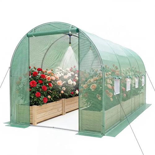 15 x 7 x 7 ft Walk-in Tunnel Greenhouse with Watering System-Green - Green - Greenhouses