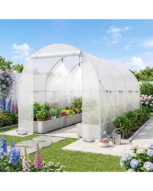 15 x 7 x 7 ft Walk-in Tunnel Greenhouse with Watering System-White - White - Greenhouses