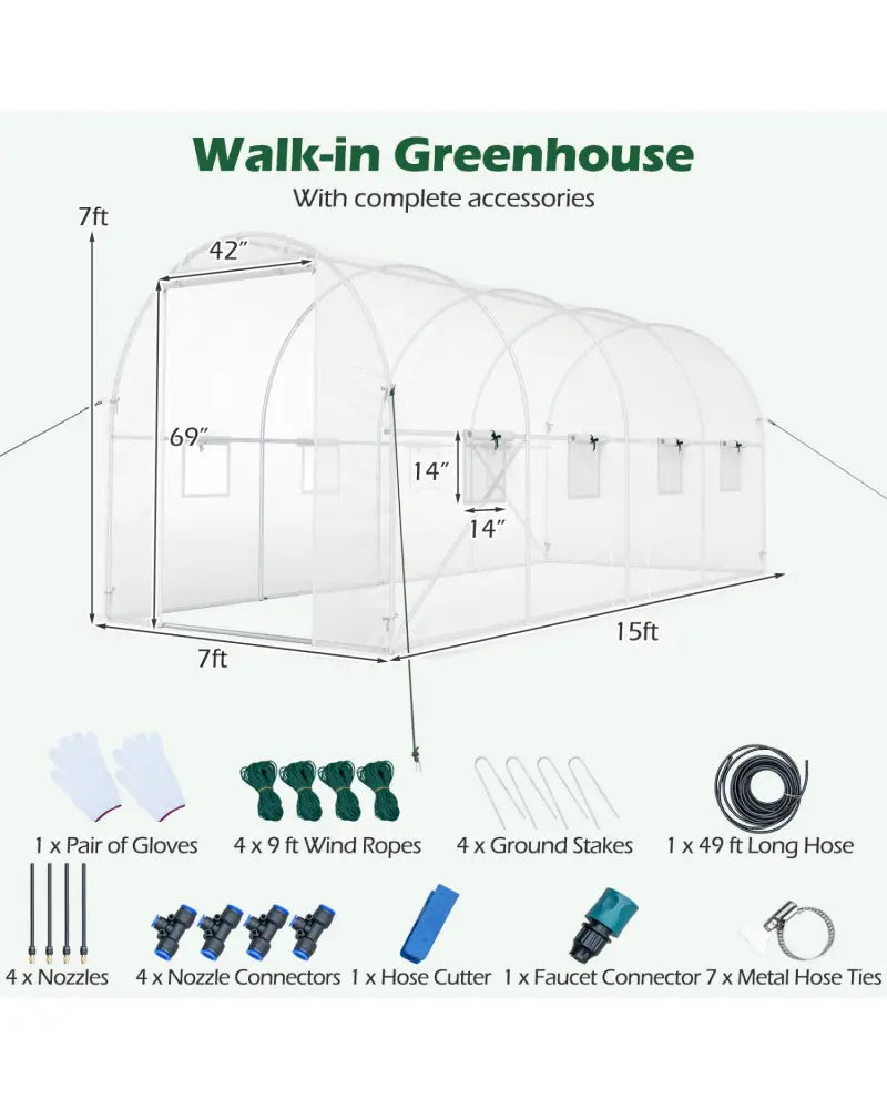 15 x 7 x 7 ft Walk-in Tunnel Greenhouse with Watering System-White - White - Greenhouses