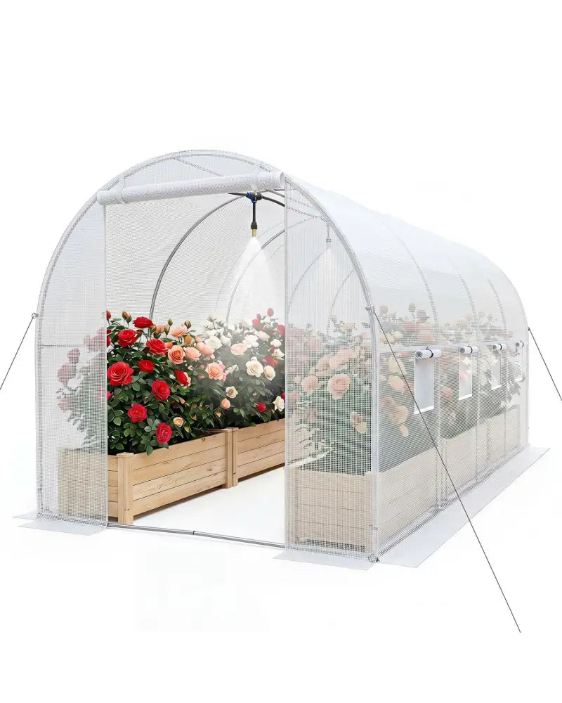 15 x 7 x 7 ft Walk-in Tunnel Greenhouse with Watering System-White - White - Greenhouses