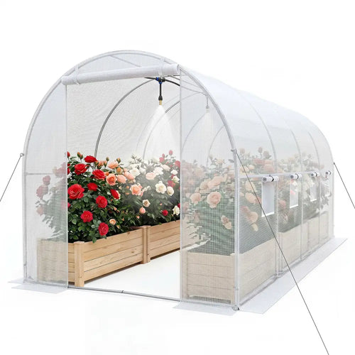 15 x 7 x 7 ft Walk-in Tunnel Greenhouse with Watering System-White - White - Greenhouses