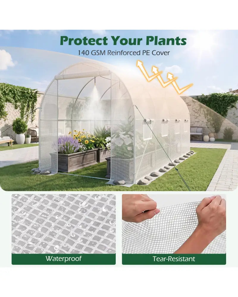 15 x 7 x 7 ft Walk-in Tunnel Greenhouse with Watering System-White - White - Greenhouses