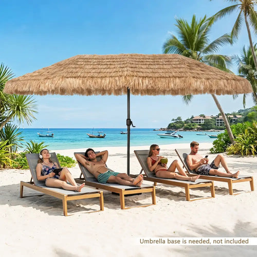 15 x 9 FT Double-sided Thatched Tiki Patio Umbrella with Crank Handle and 12 Sturdy Ribs-Brown - Brown - Outdoor