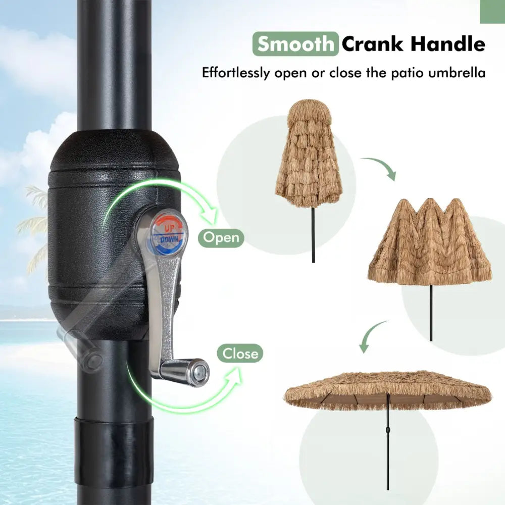 15 x 9 FT Double-sided Thatched Tiki Patio Umbrella with Crank Handle and 12 Sturdy Ribs-Brown - Brown - Outdoor