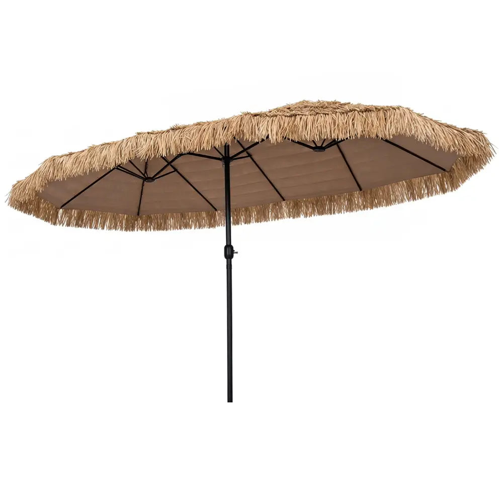 15 x 9 FT Double-sided Thatched Tiki Patio Umbrella with Crank Handle and 12 Sturdy Ribs-Brown - Brown - Outdoor