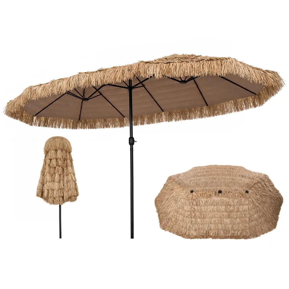 15 x 9 FT Double-sided Thatched Tiki Patio Umbrella with Crank Handle and 12 Sturdy Ribs-Brown - Brown - Outdoor