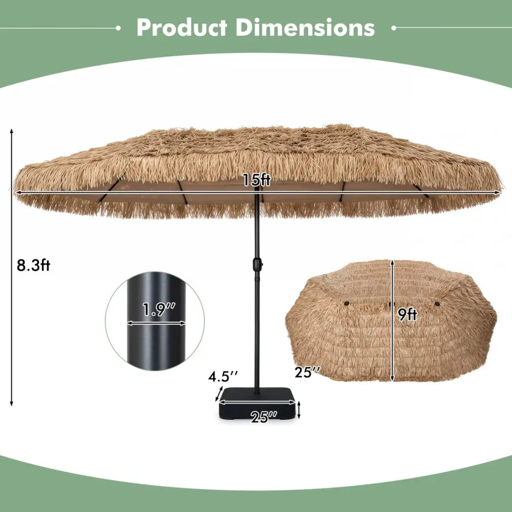 15 x 9 FT Solar Double-Sided Patio Umbrella Base Included for Garden Bar-Brown - Brown - Outdoor Umbrellas