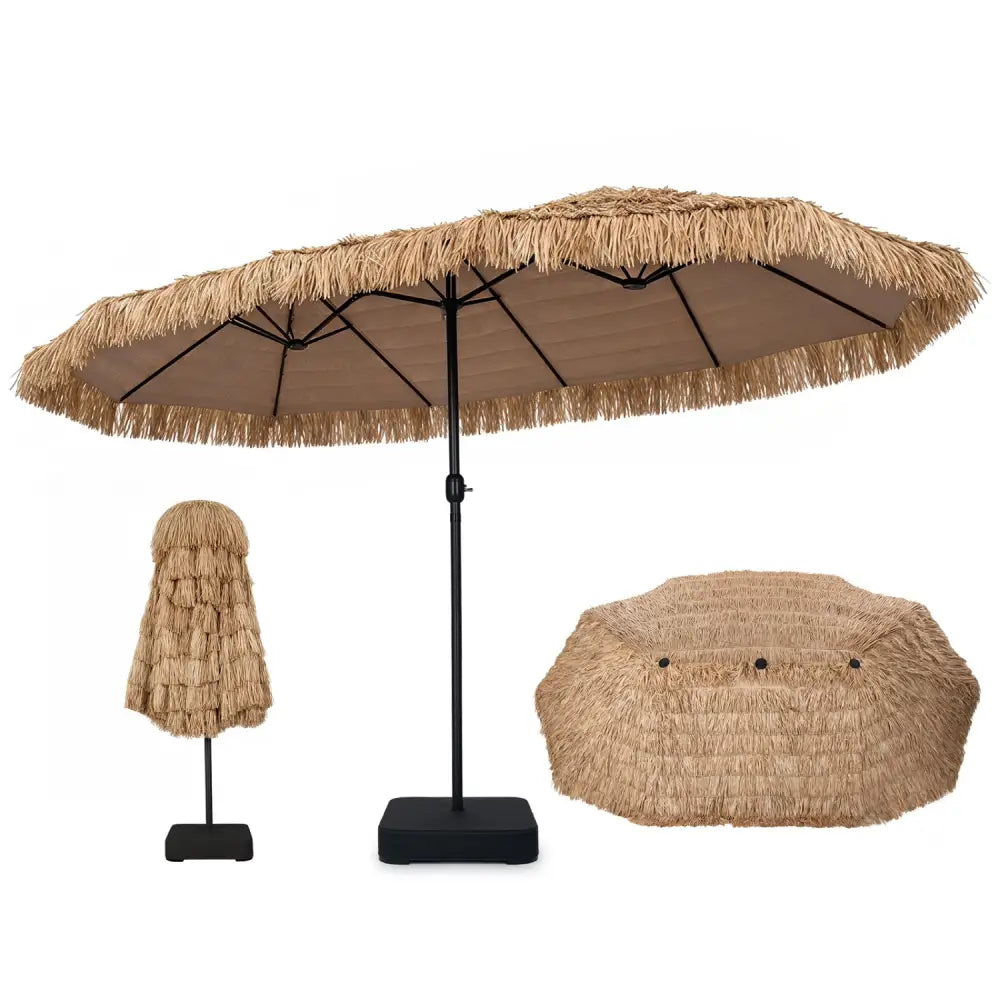 15 x 9 FT Solar Double-Sided Patio Umbrella Base Included for Garden Bar-Brown - Brown - Outdoor Umbrellas