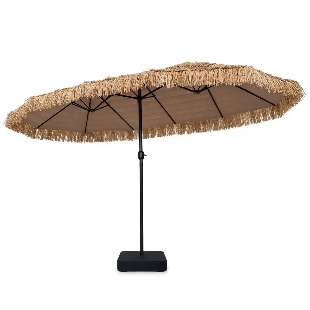 15 x 9 FT Solar Double-Sided Patio Umbrella Base Included for Garden Bar-Brown - Brown - Outdoor Umbrellas