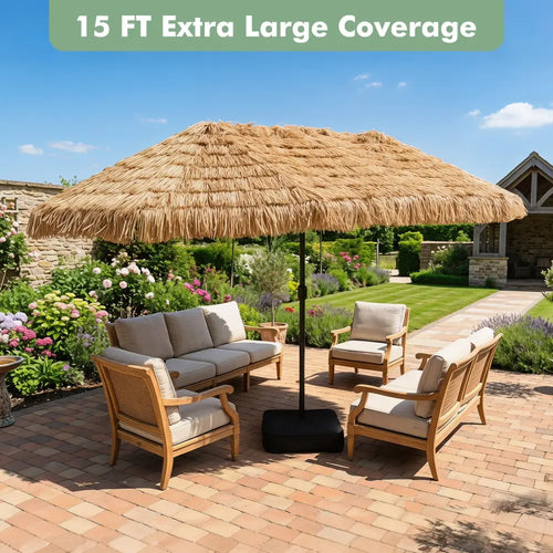 15 x 9 FT Solar Double-sided Patio Umbrella wITH 144 Multi-colored Flowing Lights and Umbrella Base-Brown - Brown