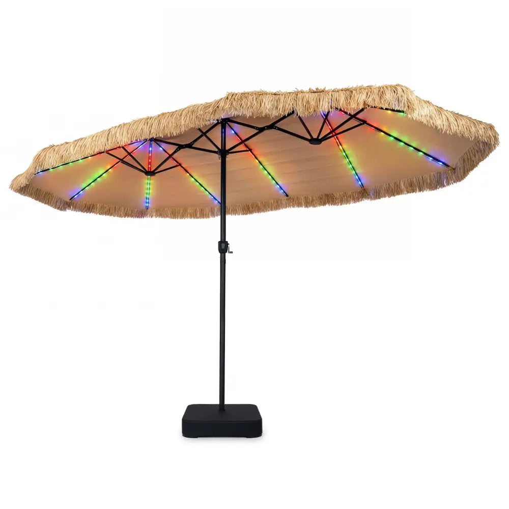 15 x 9 FT Solar Double-sided Patio Umbrella wITH 144 Multi-colored Flowing Lights and Umbrella Base-Brown - Brown