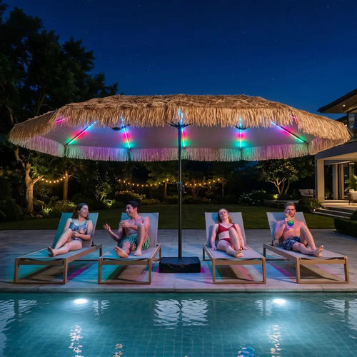 15 x 9 FT Solar Double-sided Patio Umbrella wITH 144 Multi-colored Flowing Lights and Umbrella Base-Brown - Brown