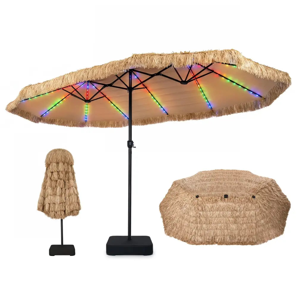 15 x 9 FT Solar Double-sided Patio Umbrella wITH 144 Multi-colored Flowing Lights and Umbrella Base-Brown - Brown