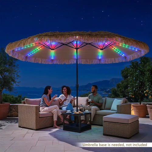 15 x 9 FT Solar Double-sided Patio Umbrella with 144 Multi-colored Flowing Lights 12 Modes and 12 Ribs-Brown - Brown
